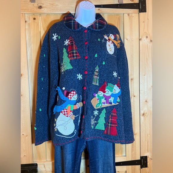 Vintage Reference Point NY Ladies’ XL Festive Snowman and Tree Cardigan - Picture 1 of 8
